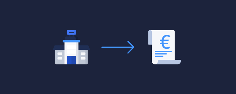 Symbolische Darstellung einer Ausgangsrechnung: Links ein Gebäude, das ein Unternehmen repräsentiert, und rechts ein Dokument mit einem Eurozeichen, verbunden durch einen blauen Pfeil.