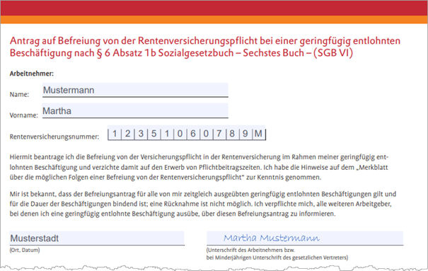 Muster des Formulars zur Befreiung von der Rentenversicherung für Minijobber