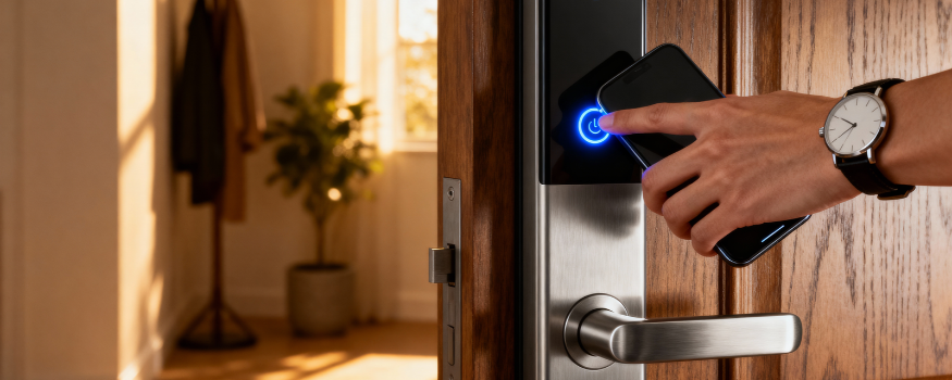 Hand hält ein Smartphone an ein elektronisches Türschloss. Der Cyber Resilience Act soll die Cybersicherheit vernetzter Geräte wie Smart-Home-Systeme verbessern.