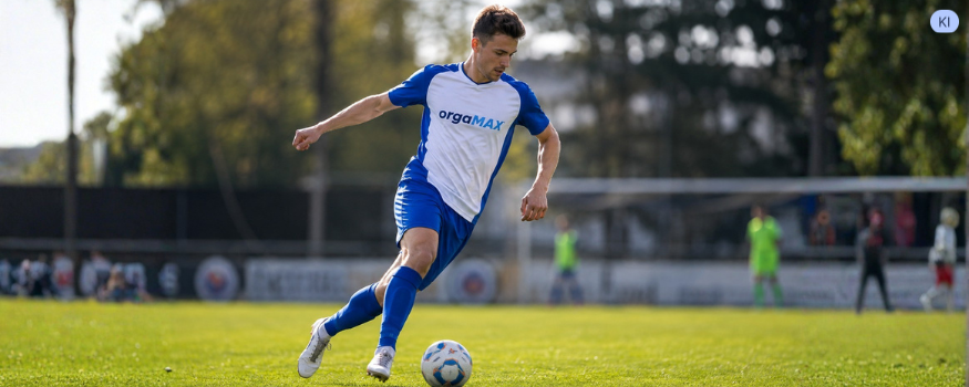 Fußballspieler im blau-weißen Trikot mit orgaMAX-Logo während eines Spiels – Beispiel für Unternehmenssponsoring im Amateurfußball