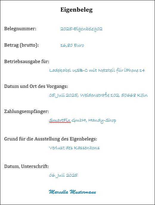 Musterdokument eines Eigenbelegs