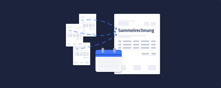 Links drei Teilrechnungen, die mit Pfeilen auf ein großes Dokument weisen, das den Titel Sammelrechnung trägt