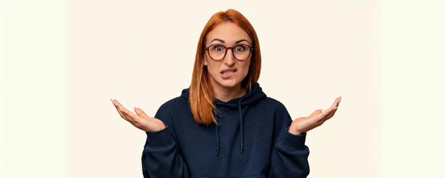 Frau mit fragendem Blick und hochgezogenen Schultern symbolisiert Unsicherheit beim richtigen Umsatzsteuersatz. Im Blogbeitrag geht es um typische Fehler bei 7 % oder 19 % Umsatzsteuer und warum ‚sicherheitshalber‘ immer 19 % falsch sein kann.