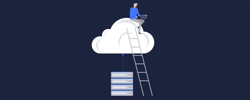 Illustration eines Mannes, der auf einer Wolke sitzt und an einem Laptop arbeitet, während eine Leiter von einem Server-Stack zur Wolke führt. Diese Darstellung symbolisiert Cloud-Computing, bei dem Daten und Anwendungen von lokalen Servern in die Cloud verlagert werden.